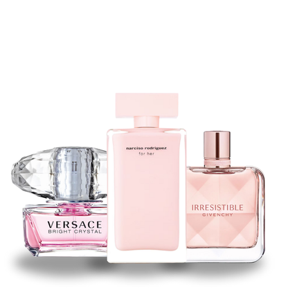Zestaw 3 perfum: Versace Crystal Bright, Narciso Rodrigues For Her e Givenchy Irresistible 100ml