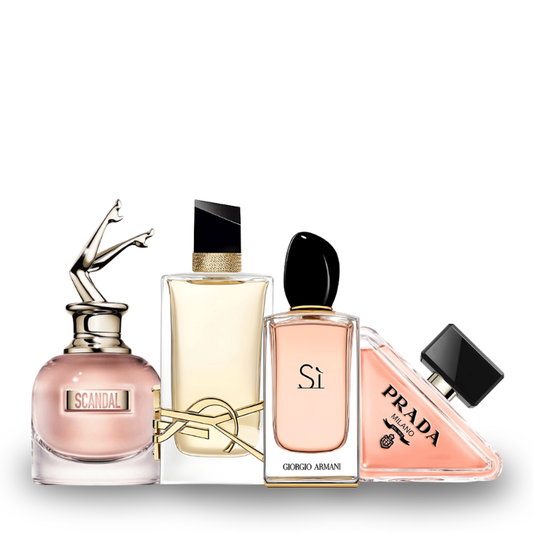 Zestaw 4 perfum: Jean Paul Gaultier SCANDAL, Yve Saint Laurent LIBRE. Giorgio Armani SÌ e Prada PARADOXE 100ml